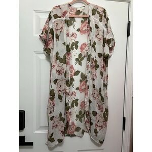 Band of Gypsies Woman Sheer Kimono‎ Floral Balloon Sleeve Small Pink Green Boho